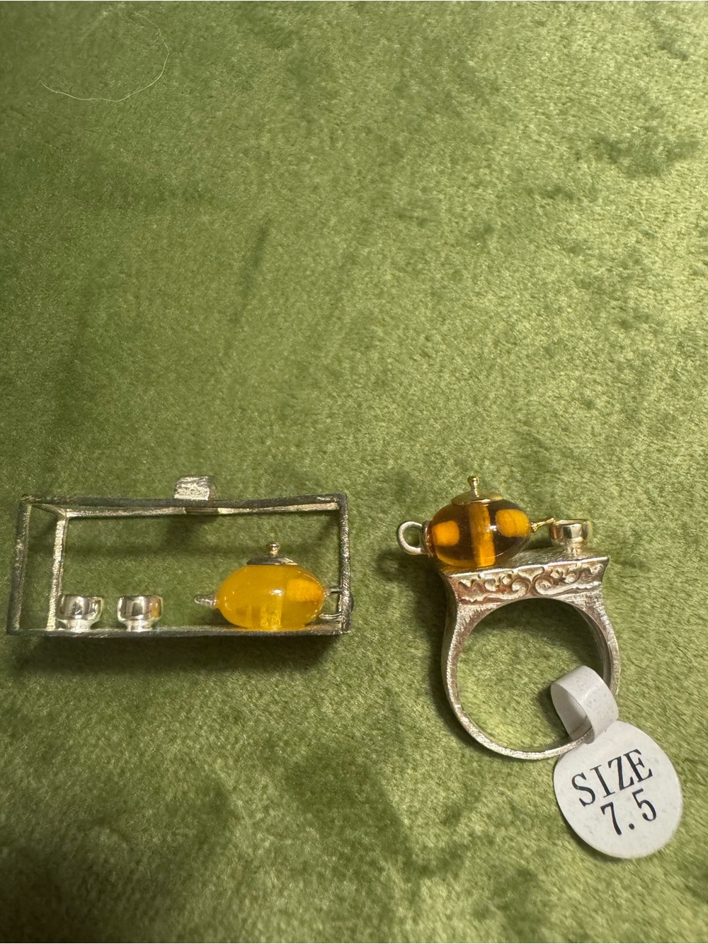 Lotus Fun Artisan 925 Silver Amber Teapot Ring 7.5 & Pendant Set